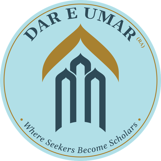 The Dar E Umar (RA) circular logo: a gold dome above three slate arches, ringed by the words Dar E Umar (RA) and Where Seekers Become Scholars